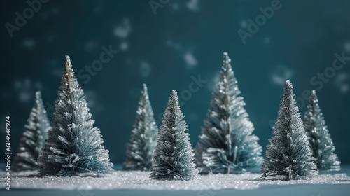 Winter fir trees and pines. Christmas and New Year background. Festive seasonal Christmas bright background. Holiday poster and banner, greeting card. generative ai