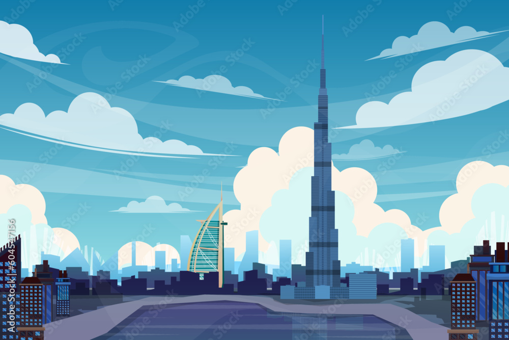Beautiful landscape with Burj Khalifa blue building in Dubai vector
