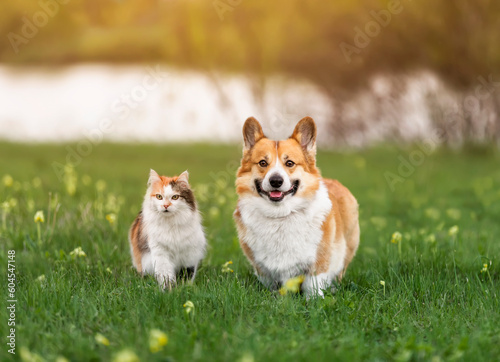 funny animals dog and cat walking on a sunny summer meadow in the grass