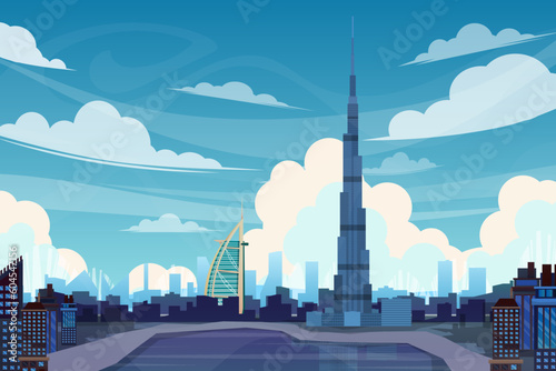 Beautiful landscape with Burj Khalifa blue building in Dubai vector
