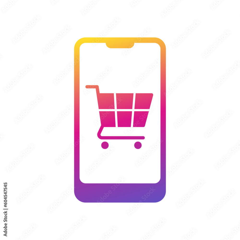 Shopping trolley with smartphone icon symbol, E-Commerce business marketing concept, Vector illustration Shopping trolley with smartphone icon symbol, E-Commerce business marketing concept, Vector illustration