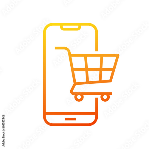 Shopping trolley with smartphone icon symbol, E-Commerce business marketing concept, Linear design, Vector illustration