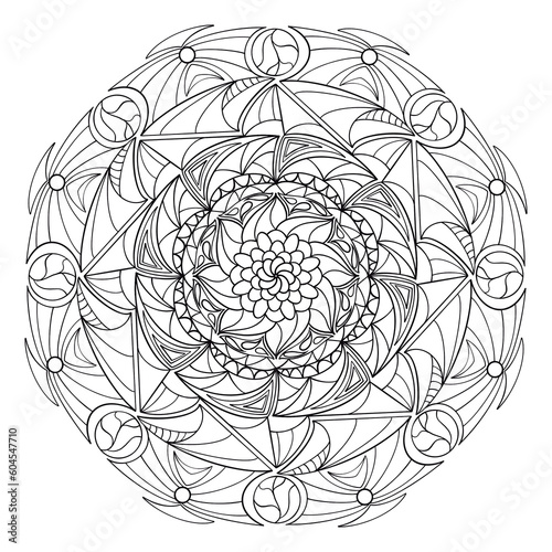 hand drawn doodle mandala with leaf. Ethnic mandala with black line ornament. Isolated. Illustration on doodle style. monochrome line for tattoo. Coloring book Mandala for inside.