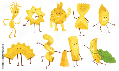 Doodle pasta characters. Cute Italian wheat food. Pasta noodles character design. Menu decorative elements. Vector meal set
