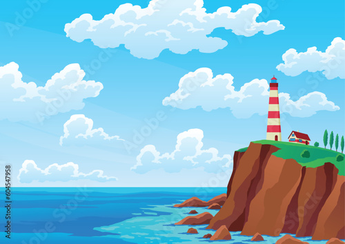 Lighthouse sea landscape. Nautical navigation tower on rocky coast under cloudy sky. Ocean beach with beacon and building on cliff. Vector colored flat cartoon illustration of seascape
