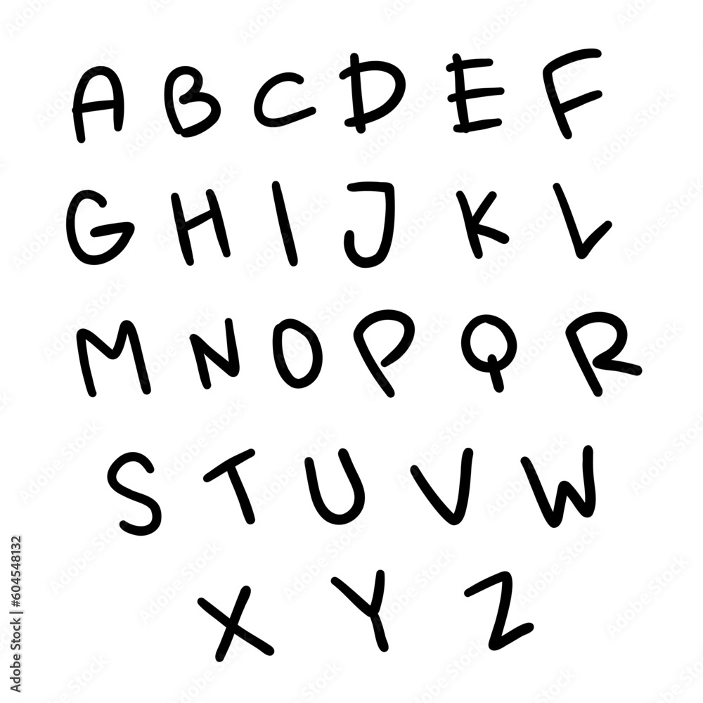Childlike black english latin abc alphabet font A to Z. Vector illustration in hand drawn doodle style isolated on white background. For decorating, card, wedding invitation, learning, logo. Childlike black english latin abc alphabet font A to Z. Vector illustration in hand drawn doodle style isolated on white background. For decorating, card, wedding invitation, learning, logo.
