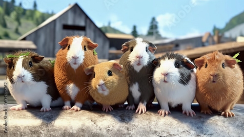 Small group of guinea pigs in outdoor photography. AI generated.