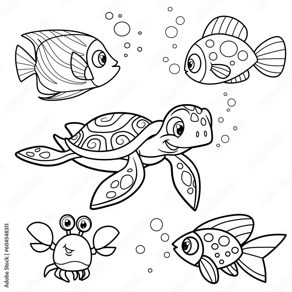 Cute cartoon exotic sea fishes,  crab and  turtle outlined for coloring page isolated on white background