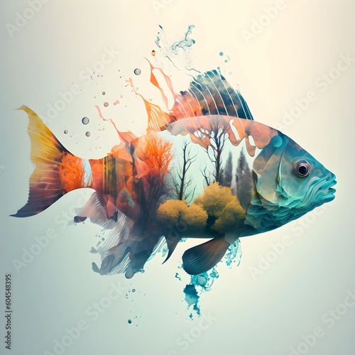 "Aquatic Reverie: The Double Exposure Fish's Liquid Symphony" | Creative Design & Illustration | AI Generated Artwork