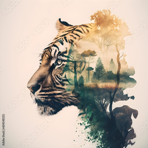 "Dual Nature: The Double Exposure Tiger's Striking Dichotomy" | Creative Design | Illustration | Generative AI Artwork