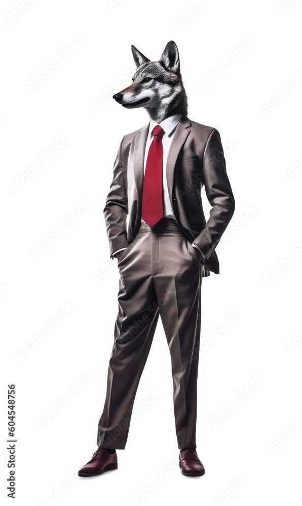 Wolf dressed in a suit like a businessman, isolated on white (generative AI)