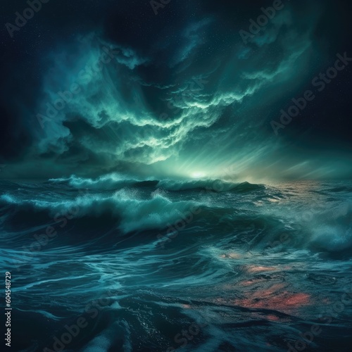 A dramatic night sea landscape with storm, tornado, and lightning. (Generative AI)