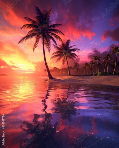 AI-generated tropical beach sunset with palm tree.  Generative AI 