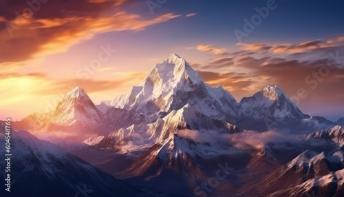 At sunset  a beautiful panorama of Tibetan snow-capped mountains.  Generative AI 