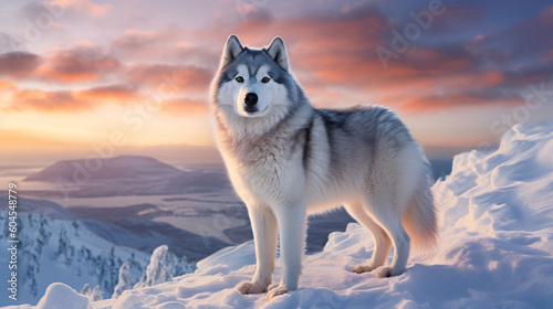 a Siberian Husky standing majestically on a snow-covered peak at dawn made with Generative AI