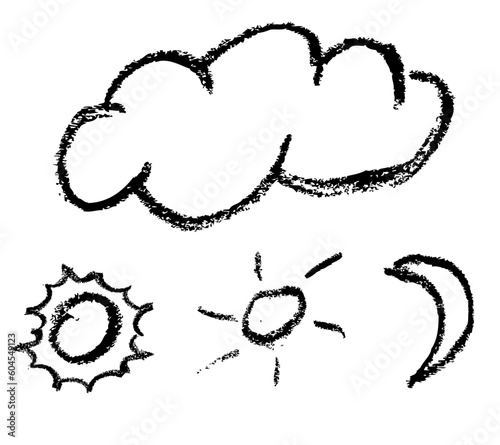 set vector black crayon effect cloud, sun and moon. isolated on white