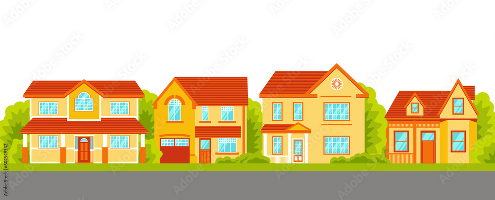 Cottage houses street. Front view.  Illustration on transparent background in Flat Style