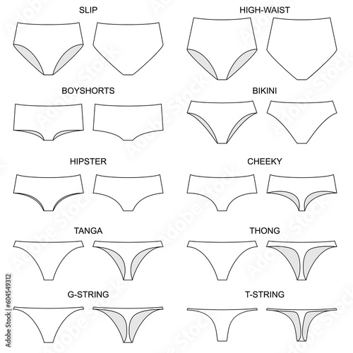 Types of women's panties. Front and behind view. Set of underwear - slip, high waist, string, thong, tanga, bikini, cheeky, hipster, boyshorts. Illustration on transparent background