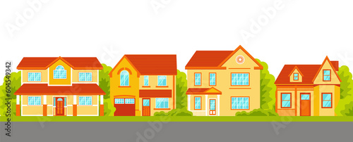 Cottage houses street. Front view. Illustration on transparent background in Flat Style