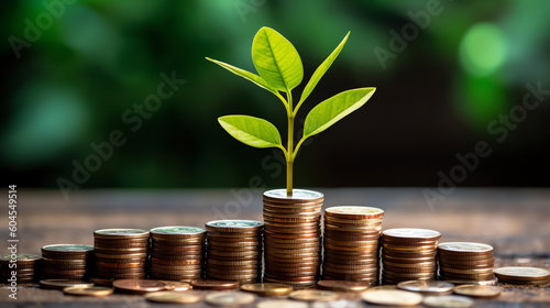 AI Generated: Growing Seedlings on Stacked Coins. Finance and Investment Concept for Saving Money and Business Growth. Profitable Financial and Business Ventures Generative AI.