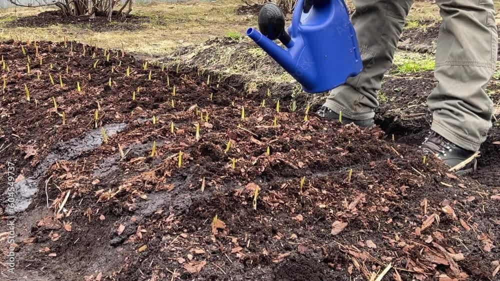 Man farmer watering young seedling on garden bed. A man fertilizes the soil from a watering can. Growing organic vegetables on farm. 4K footage Man farmer watering young seedling on garden bed. A man fertilizes the soil from a watering can. Growing organic vegetables on farm. 4K footage
