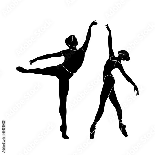Ballet dancer couple set, full body shape, vector isolated shadow, simple black silhouette icon. Person sign logo design, ballerina fit, beautiful elegant man and woman drawing