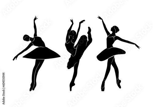Ballet dancer full body shape, vector isolated shadow icon set, simple black silhouette. Person sign logo design, graphic sportive position, ballerina fit, beautiful elegant lady woman drawing