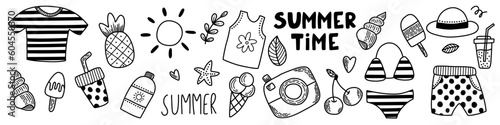 Doodle vector set of summer staff. Beach vacation travelling concept. Life balance and well-being. Black and white handdrawn pack of icons. Positive lettering. Itinerary map route for life balance. 
