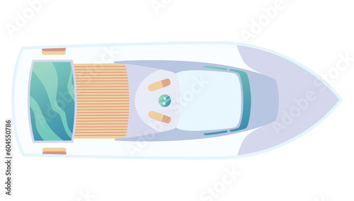 Top aerial view boat or yacht vector icon. Sea transport for travel on water. Above view to high class motor boat