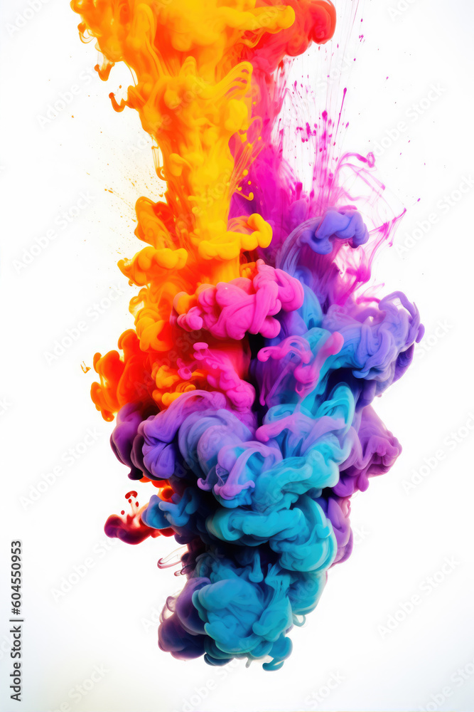 Multicolored paint in water on a white background. AI generated.