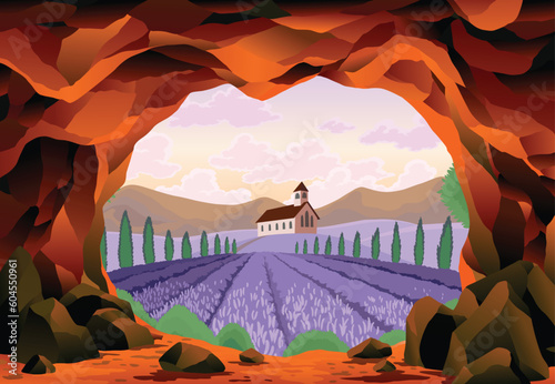 Cave landscape. Summer nature scene of cave entrance. Prehistoric dungeon, rock cavern game illustration. Vector illustration of tunnel in mountain or mine in rocks