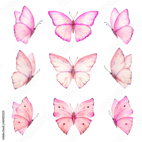 Watercolor set of bright pinkhand painted butterflies. Design for the decoration of postcards, invitations, greeting cards, birthday, souvenirs, weddings. © ElenaMedvedeva