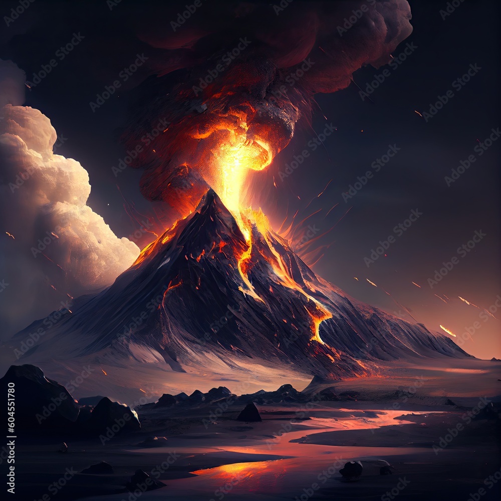 Fictional volcano in full eruption. Generative AI