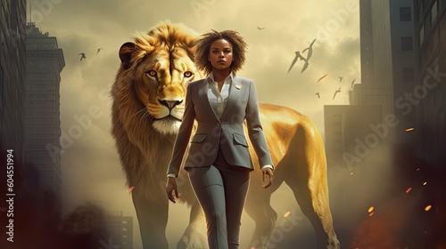 A powerful business woman with a lioness. Generative AI