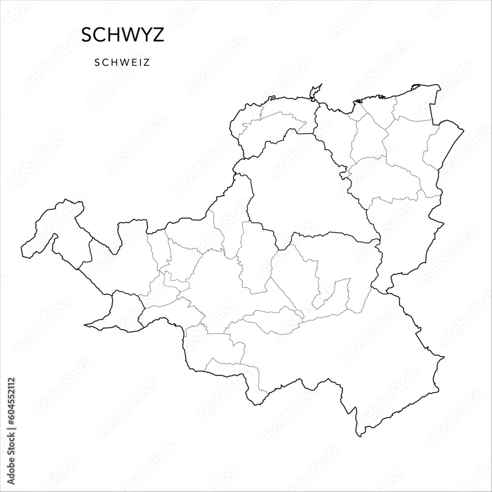 Vector Map of the Canton of Schwyz with the Administrative Borders of Districts (Bezirke) and Municipalities (Gemeinde) as of 2023 - Switzerland (Schweiz)