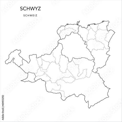 Vector Map of the Canton of Schwyz with the Administrative Borders of Districts (Bezirke) and Municipalities (Gemeinde) as of 2023 - Switzerland (Schweiz)