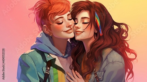 Book style illustration Two LGBT girls are smiling. hugging and holding hands. Pride month. Minority sex. non-binary LGBT people