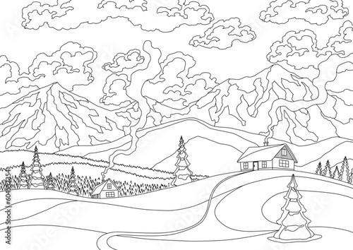 Winter landscape  snowy pines on foreground and mountains peaks  hills  clouds on sky background. Coloring illustration. Vector drawing of snow-covered field. Mountains winter snowy landscape