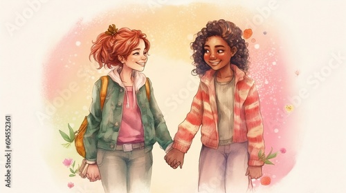 Two LGBT girls are smiling. hugging and holding hands. Pride month. Minority sex. non-binary LGBT people