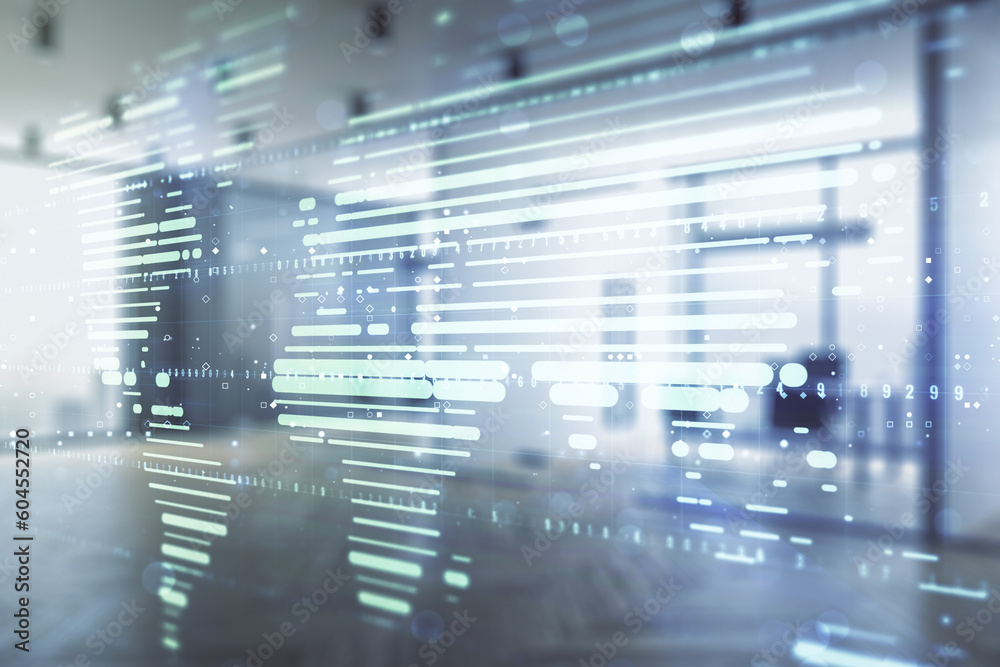 Multi exposure of abstract creative digital world map hologram on modern corporate office background, research and analytics concept Multi exposure of abstract creative digital world map hologram on modern corporate office background, research and analytics concept