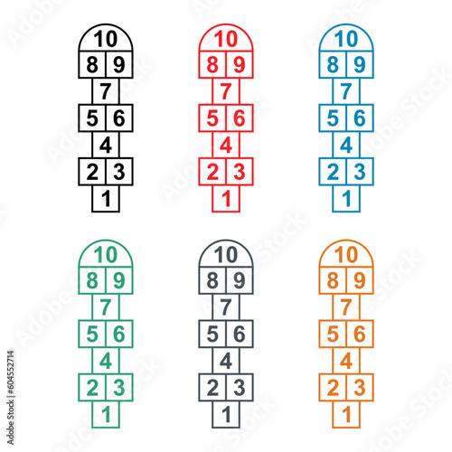 Set of Hopscotch outdoor icon, fun play jump active game kid, street vector illustration