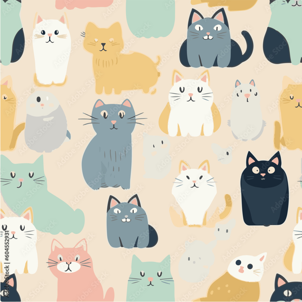 seamless pattern of cat in doodle style and pastel color