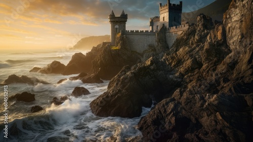 A majestic fortress overlooking the ocean, with waves crashing against the rocks below