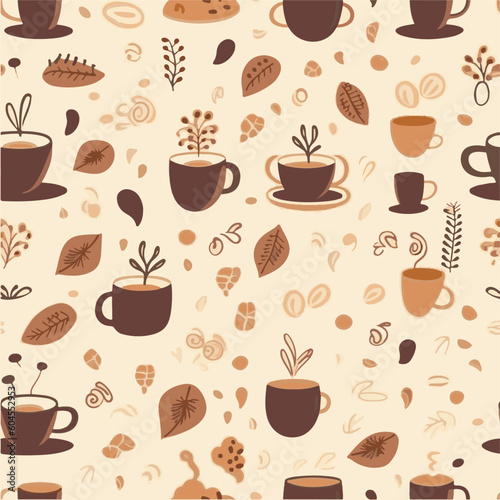 Seamless pattern of coffee cup in doodle style and soft brown.