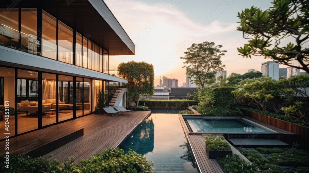 Obraz premium Contemporary Living Redefined with a Modern Glass House and Inviting Pool