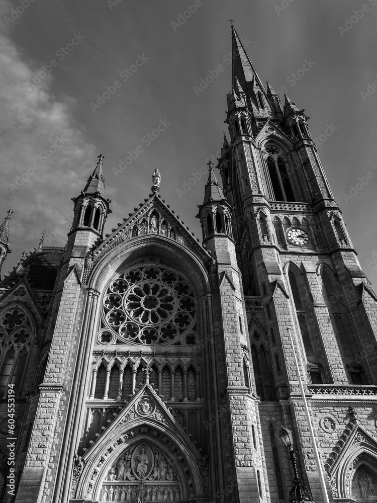 Catholic Cathedral in Ireland, Gothic style. The Cathedral Church of St Colman known as Cobh Cathedral, or Queenstown Cathedral, single-spire cathedral. Roman Catholic cathedral. Black and white