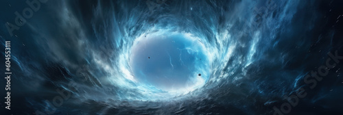 Rough path to destiny. An exit of a massive turbulence or vortex. A space storm or colossal stormfront. Wide format. Hand edited generative AI.