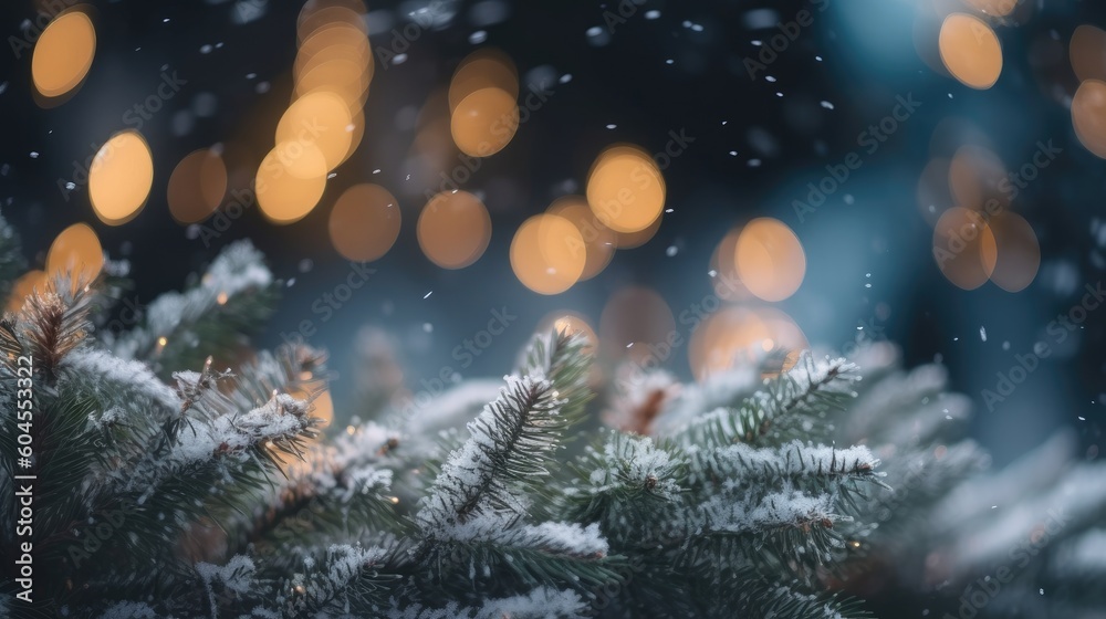 Naklejka premium Winter Christmas trees and pine trees in bright decorative lights of garlands and bokeh. New Year background. Festive seasonal Christmas bright background. Holiday poster and banner. generative ai