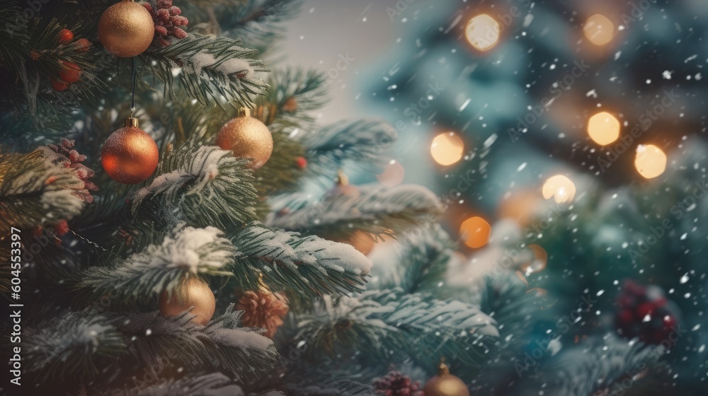 Winter Christmas trees and pine trees in bright decorative lights of garlands and bokeh. New Year background. Festive seasonal Christmas bright background. Holiday poster and banner. generative ai