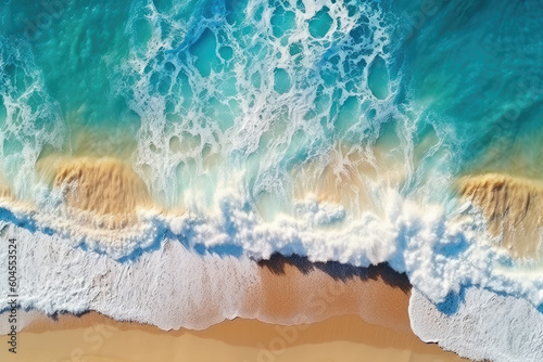 Ocean waves on the beach as a background. Beautiful natural summer vacation holidays background. Aerial top down view of beach and sea with blue water waves. AI Generative